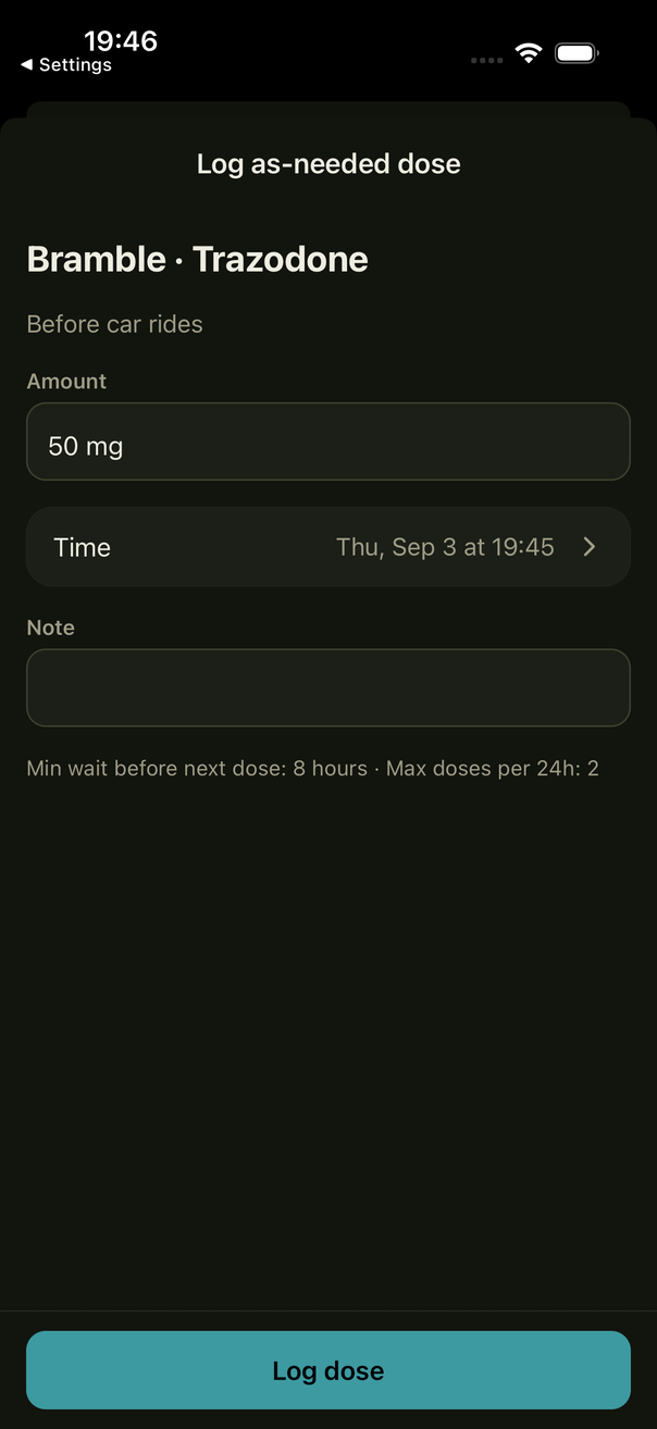 The TailTandem screen for logging an as-needed dose, with amount, time, note, and user-set limits