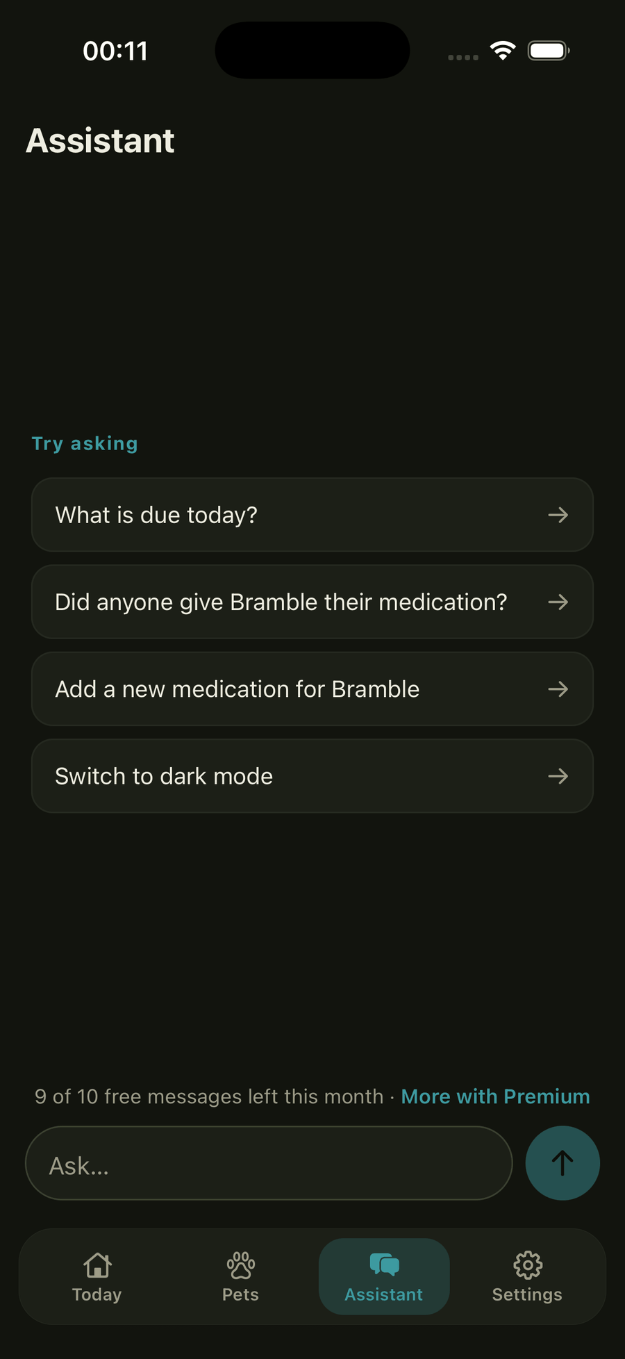 The Assistant tab with suggested questions about today’s doses and common setup tasks.