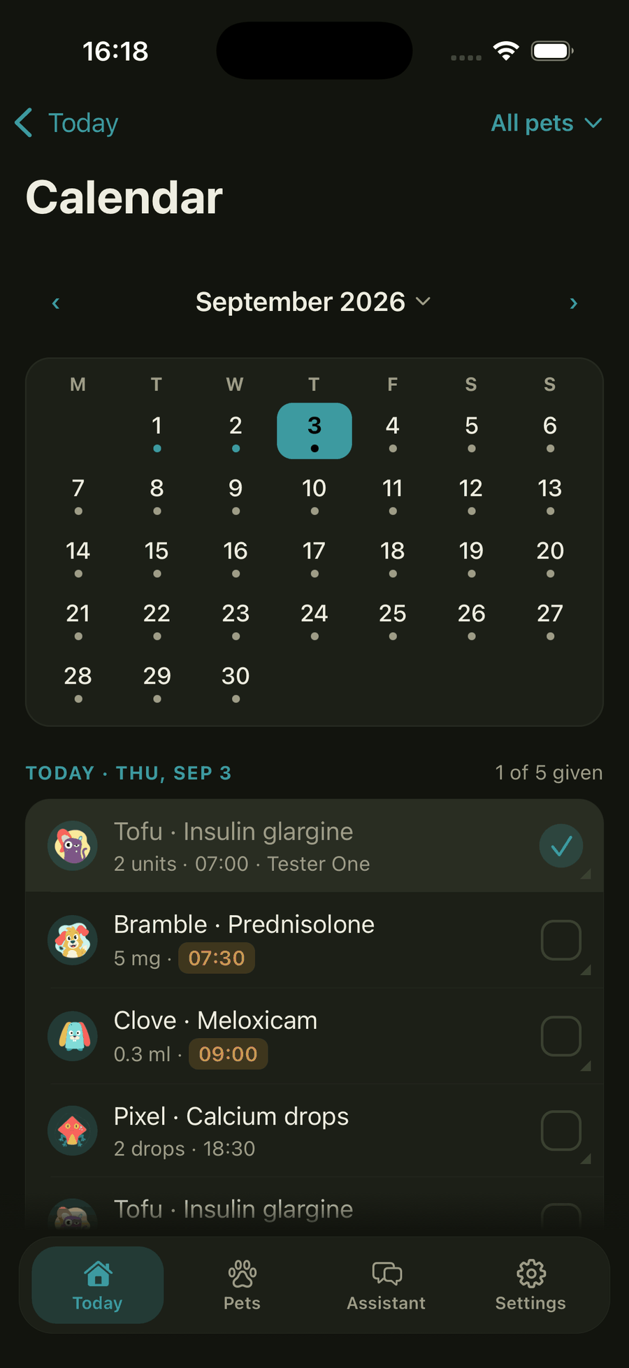 A September calendar above the selected day’s list of five pet medication doses.