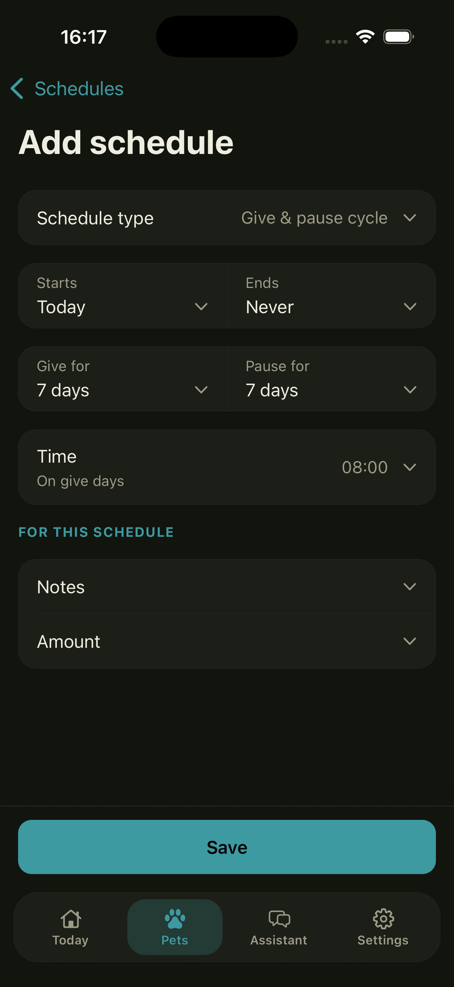 Setting a repeating give-and-pause medication cycle in TailTandem