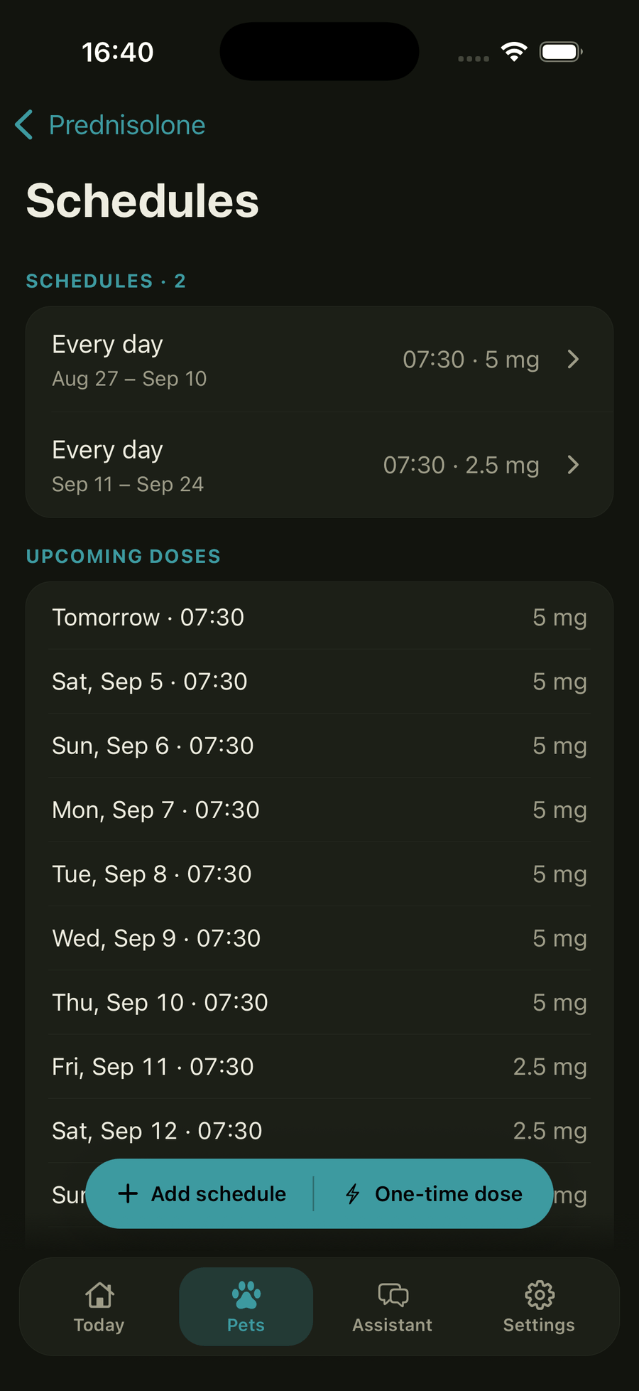 A treatment plan with one medication schedule beginning after the previous schedule ends